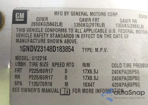 2008 Chevrolet Uplander Ls from USA, damaged, VIN 1GNDV23148D183854